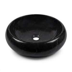 Premium Jet Black Marble Vessel Sink, Round Natural Stone Basin for Bathroom Vanity (Available in 14"x5" & 16"x6")